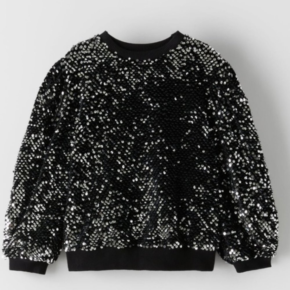 ZARA Girl Black Sequin Velvet Sweatshirt Pullover Top Size 7 122